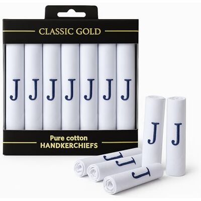 DUDU N GIRLIE 7 Pack van Heren/Heren Witte Satijn Geboorde Zakdoeken met & Blauwe Geborduurde Initialen, J, One Size DUDU N GIRLIE 7 Pack van Heren/Heren Witte Satijn Geboorde Zakdoeken met & Blauwe Geborduurde Initialen, J, One Size