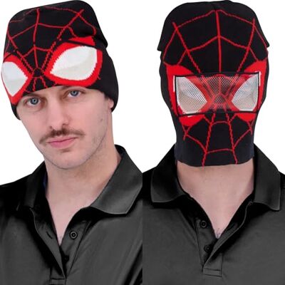 Concept One Marvel Spider-Man Miles Morales Roll Down Cuff Beanie Hat, Knitted Winter Skull Cap, Black/Red, One Size Concept One Marvel Spider-Man Miles Morales Roll Down Cuff Beanie Hat, Knitted Winter Skull Cap, Black/Red, One Size