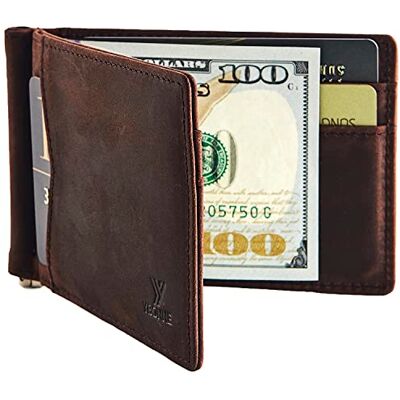 YBONNE Slanke herenportemonnee met geldclip voorvak RFID-blokkering dunne tweevoudige lederen kaarthouder minimalistische mini-billfold, Crazy Horse bruin + extra clip, slank YBONNE Slanke herenportemonnee met geldclip voorvak RFID-blokkering dunne tweevoudige lederen kaarthouder minimalistische mini-billfold, Crazy Horse bruin + extra clip, slank