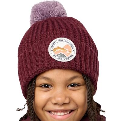 Jack Wolfskin Pompom Badge Beanie K Baskenmuts voor kinderen, uniseks, boysenberry Jack Wolfskin Pompom Badge Beanie K Baskenmuts voor kinderen, uniseks, boysenberry