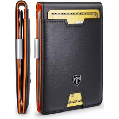 Travando Heren slanke portemonnee met geldclip Austin RFID-blokkerende tweevoudige creditcardhouder voor mannen met geschenkdoos, zwart en oranje Travando Heren slanke portemonnee met geldclip Austin RFID-blokkerende tweevoudige creditcardhouder voor mannen met geschenkdoos, zwart en oranje