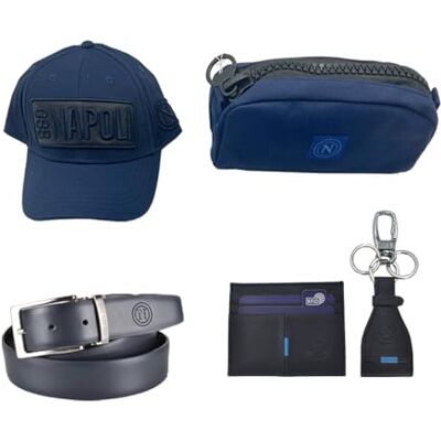 Enzo Castellano SSC NAPOLI Set van 4 producten in doos, hoed, riem, portemonnee met sleuteletui en tas, officieel product, Blauw, Eén maat Enzo Castellano SSC NAPOLI Set van 4 producten in doos, hoed, riem, portemonnee met sleuteletui en tas, officieel product, Blauw, Eén maat
