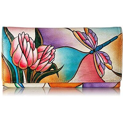 Anna by Anuschka Handgeschilderde echt lederen dames multi-pocket portemonnee, Libelle Gebrandschilderd Glas, Eén maat Anna by Anuschka Handgeschilderde echt lederen dames multi-pocket portemonnee, Libelle Gebrandschilderd Glas, Eén maat