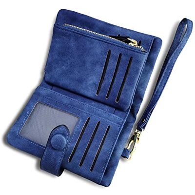 AOXONEL Vrouwen Kleine Bifold Lederen Portemonnee Rfid Blokkerende Dames Polsband met Kaarthouder ID venster Coin Purse, Blauw, Small, Vintage AOXONEL Vrouwen Kleine Bifold Lederen Portemonnee Rfid Blokkerende Dames Polsband met Kaarthouder ID venster Coin Purse, Blauw, Small, Vintage