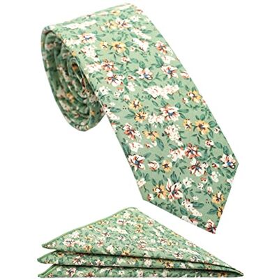 ZENXUS Floral Tie for Men, Cotton Skinny Flower Necktie with Pocket Square Set, Jade Green ZENXUS Floral Tie for Men, Cotton Skinny Flower Necktie with Pocket Square Set, Jade Green