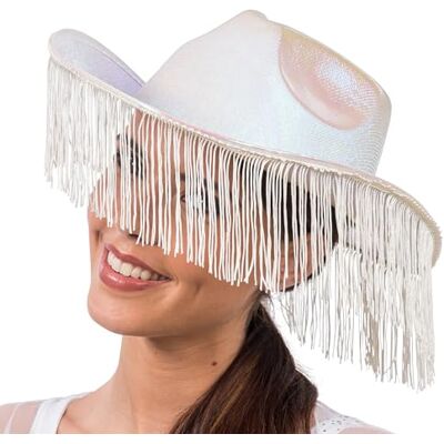 Chaks Holografische cowboyhoed met franjes, hoed voor westernkostuums, accessoires voor carnaval, festival en JGA Chaks Holografische cowboyhoed met franjes, hoed voor westernkostuums, accessoires voor carnaval, festival en JGA