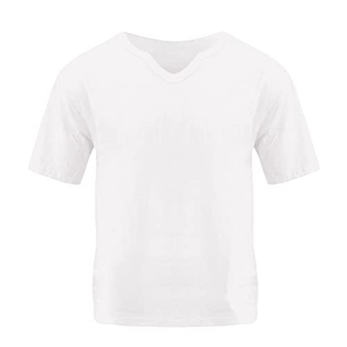 Generic 2024 Mode T-shirts Tops Voor Mannen Nieuwe Mannen Zomer V-hals Effen Korte Mouw Losse Mannen Linnen T-shirt Korte Mouw Shirts Mannen, Wit, M