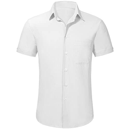 TOMEEK Heren Korte Mouw Shirts Button Down Heren Katoenen Shirts Zomer Strand Casual Shirts Zakelijke Tops met Pocket, Wit, XXL