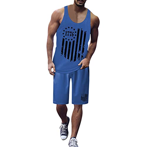 Generic Mode pakken voor mannen 2024 2-delige outfits heren onafhankelijkheidsdag vlag digitale 3D geprint vest shorts set twee pak onafhankelijkheid dag afdrukken pak jassen, Blauw, 3XL