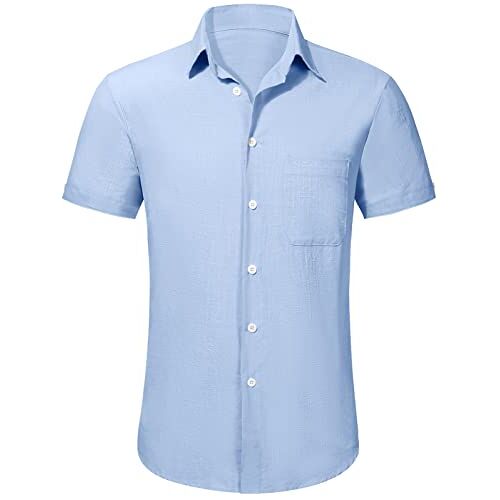 TOMEEK Heren Korte Mouw Shirts Button Down Heren Katoenen Shirts Zomer Strand Casual Shirts Zakelijke Tops met Pocket, Blauw, L