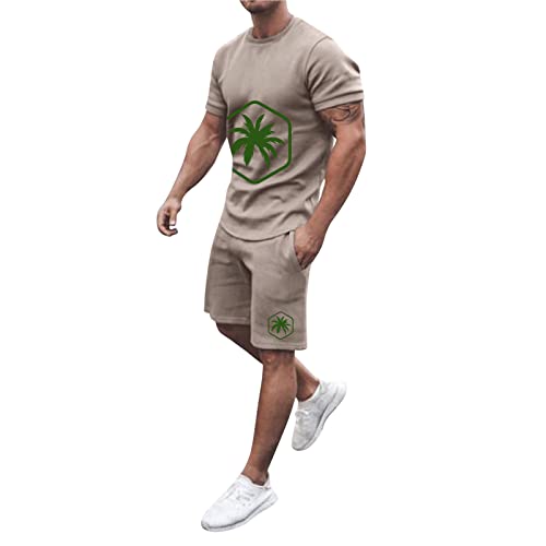 Generic Heren Casual Pakken Voor Mannen 2024 Nieuwe Pakken Mannen Zomer Outfit Strand Korte Mouw Gedrukt Shirt Korte Pak Shirt Broek Pak Met Zakken Heren Jurk Pakken, Kaki, XXL