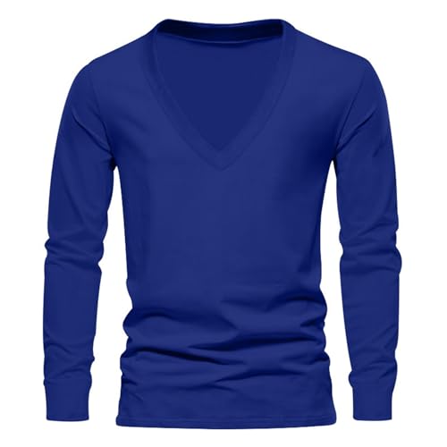 Generic Zomer Tops Shirts Voor Mannen 2024 T-shirts Heren Mode Lente en Zomer Casual Lange Mouwen V-hals Effen Kleur Lange Mouwen T-shirt Top Mannen Grote Shirts, Blauw, XXL