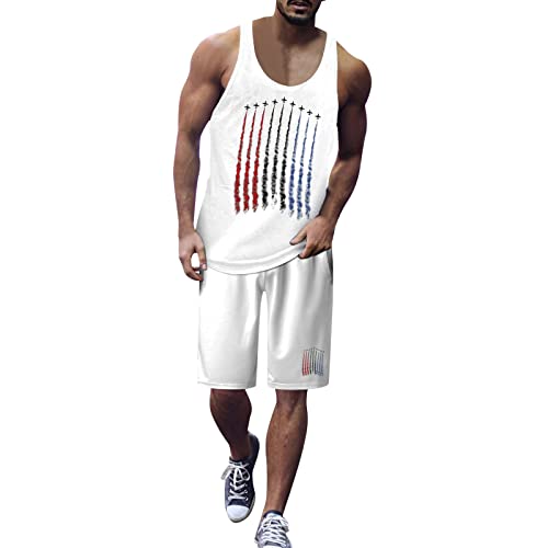 Generic Casual pakken voor mannen 2024 heren pakken heren onafhankelijkheidsdag vlag digitaal 3D gedrukt vest shorts set twee pak onafhankelijkheidsdag dubbele rij pak mannen slank, Wit, XXL