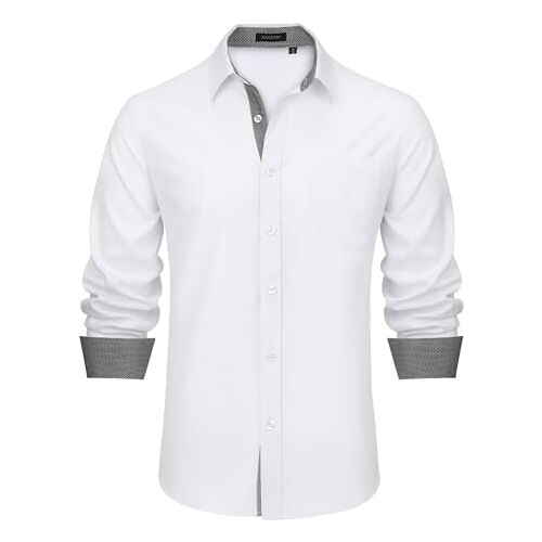 HISDERN Herenoverhemden met lange mouwen, formele overhemden voor mannen, button-down shirt, zakelijk, casual, regular fit, shirt, bruiloft, feest, werkshirts, B2-witte Shirts, L