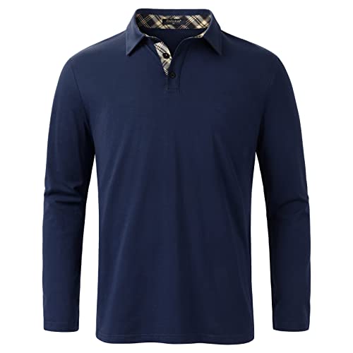 Enlision Poloshirt voor heren, met borstzak, zomer, poloshirt, korte mouwen, casual, business, poloshirts, klassieke geruite kraag, golf, poloshirts, S-XXL, marineblauw/lange mouwen, L