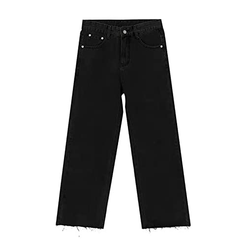 SUKORI Herenbroek Heren zwarte jeans, losse rechte denimbroek, rauwe rand lange broek, rechte match zwarte en grijze broek met ruwe randen (Size : XL)