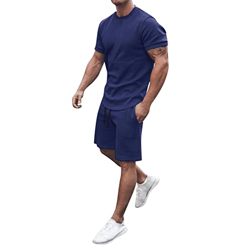 Generic Casual pakken voor mannen 2024 heren pakken shorts sets broek mouw kort & 2 zomer shirts strand heren heren pakken en sets pak heren wol, Blauw, M