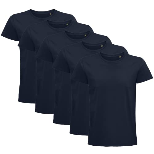 IMPRESSION T-SHIRT PERSONNALISE Set van 5 biologische T-shirts voor heren met korte mouwen   T-shirt van 100% katoen uit biologische landbouw   verpakking met 5 T-shirts verkrijgbaar in wit, zwart   hoogwaardig T-shirt, Marineblauw,