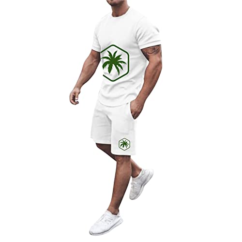 Generic Heren Casual Pakken Voor Mannen 2024 Nieuwe Pakken Mannen Zomer Outfit Strand Korte Mouw Gedrukt Shirt Korte Pak Shirt Broek Pak Met Zakken Heren Jurk Pakken, Wit, XXL