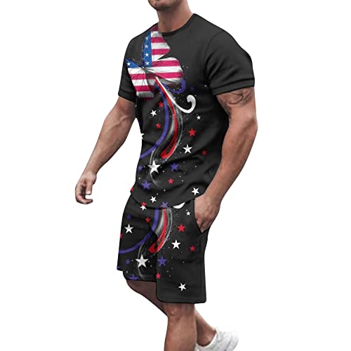 Generic Mode Pakken voor Mannen 2024 2 Stuks Outfits Heren Korte Sets 2 Outfits Amerikaanse Vlag Korte Mouw T-shirt En Shorts Set 4e Juli Outfits Zomer Workout Set Jongens Pakken Slim, Zwart, XXL