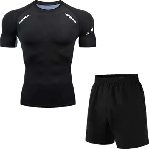 Dinint Fitnesspak voor heren, sport-T-shirt met korte mouwen, compressieset, compressieset, sportpak voor heren, zomer, gym, sneldrogend, fitnesspak, 2 stuks, Grijs, XXL