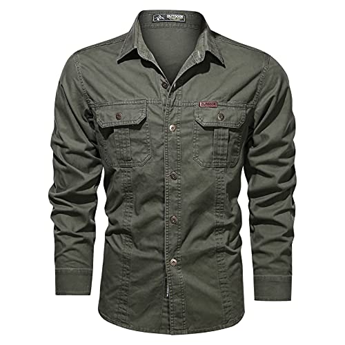 Generic 2024 Nieuw Outdoor Washed Lange Mouw Heren Maten Plus Stijl Shirt Shirts Heren Shirts Shirts met Lange Mouwen voor Mannen, Groen, 3XL