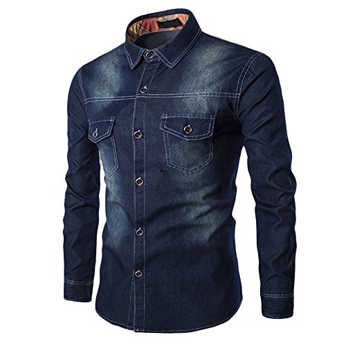 IQYU Jeanshemden heren lange mouwen XXL jeanshemd heren lange mouwen regular fit herenoverhemden revers button-down-werkhemd denim overhemden pasvorm shirts zomer zakelijke overhemden mannen jeans-overhemden lange mouwen hemd, donkerblauw, XXL