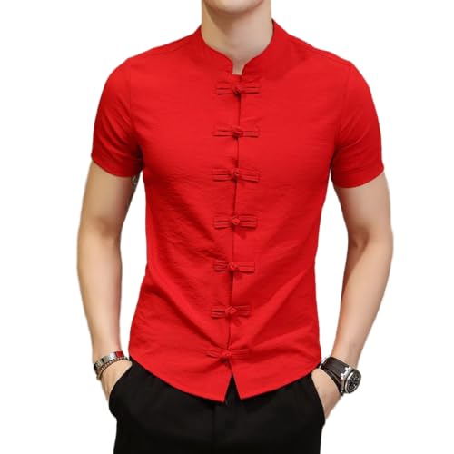 BAFlo Chinese stijl effen kleur shirt, mannen knop omhoog opstaande kraag, mannen shirt, Rood, XXL