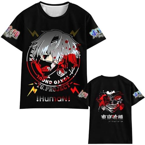 DoubKsir Mannen Vrouwen Tokyo Ghoul 3D Gedrukt T-shirt met korte mouwen Anime Tokyo Ghoul Kaneki Ken Cosplay Kostuum Cartoon Tee Tokyo Ghoul Karakter Zwart T-shirt, Type 1, L