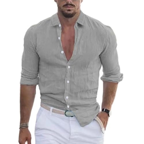 SWEPER Herenoverhemd Met Lange Mouwen Herenoverhemd Met Lange Mouwen Katoen-Linnen Mode Casual Polo Hals Strandoverhemd Effen Hawaiiaanse Vakantieoverhemden Met Lange Mouwen, Stijl A,M