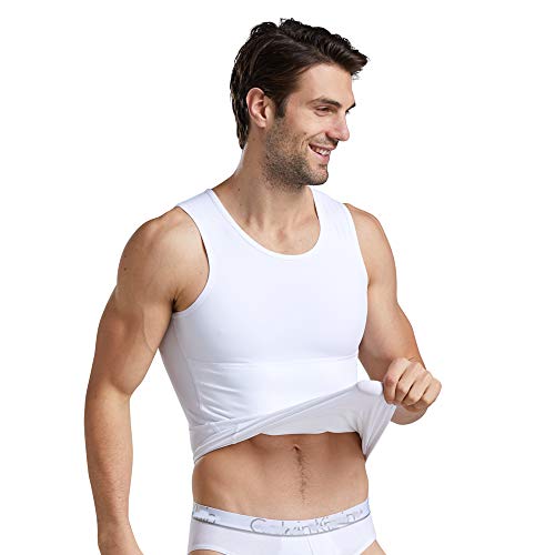 BaronHong Heren Compressie Borst bindmiddel Shirt Afslanken Body Shaper Vest Workout Tank Tops Abs Buik Hemdjes (wit, M)