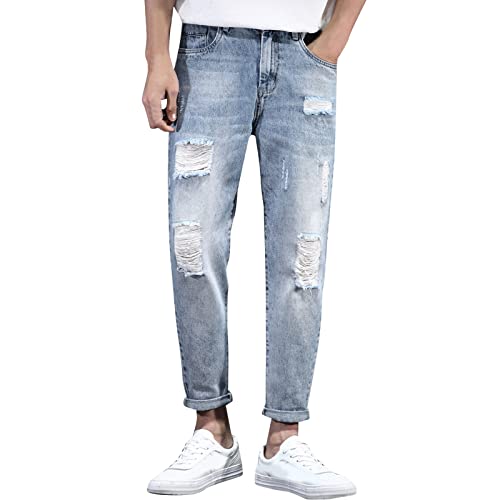 BOTCAM Modieuze vrijetijdsbroek voor heren, sportbroek met zak, modieuze jeans, negen punts broek, tennisbroek voor heren, blauw, 31