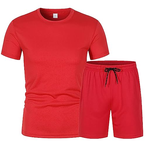 Generic Heren Casual Pakken 2024 Mode Kleding Set Mannen Zomer Ademend Twee Ademend Volume T-shirt Shorts Set Rodelen Pak, Rood, M