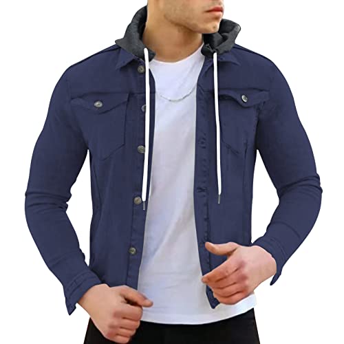 CreoQIJI Heren aanbieding heren lente en herfst mode vrije tijd effen gesp slim denim jacket coat top blouse heren aanbiedingen, marineblauw, XXL