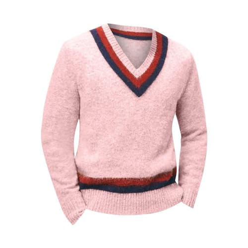 SWEPER Heren Trui Mode Truien Heren Zachte Truien Met Lange Mouwen V-Hals Color-Blocked Slim Fit Truien Breien Pullover Tops, Roze, L