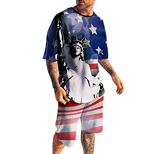 Generic 2 Stuks Outfits Suits Voor Mannen 2024 Nieuwe Heren Korte Sets 2 Outfits Amerikaanse Vlag Korte Mouw T-shirt En Shorts Set 4e Juli Outfits Zomer Workout Set Mens Pak Jas, Blauw, XL