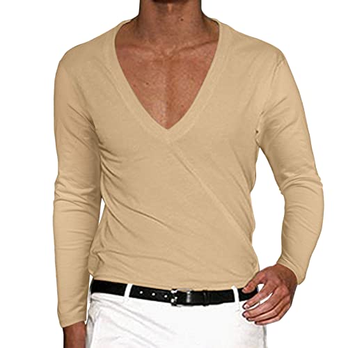 Generic Casual T-shirts Tops voor Mannen 2024 Nieuwe Mannen Lange Mouwen V-hals Effen Trui Casual Mannen T-shirt Mannen Blouse Pocket T-shirts voor Mannen, Geel, XL