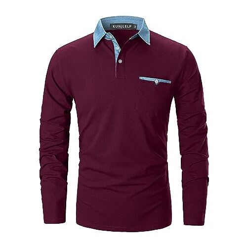 KUNJLELP Poloshirt voor heren, lange mouwen, T-shirts voor heren, denim-splice T-shirt, golfpoloshirt, rood, L