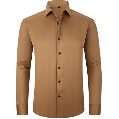 YANQSHM Overhemden Mannen,Overhemden voor Heren Slim Fit Formeel Stretch Overhemd met Lange Mouwen Kreukvrij Button Down Strijkvrij Casual Zakelijk Werkoverhemd voor Bruiloftsfeest Kaki 3Xl