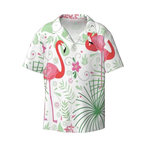 DRTGEDS Zwemmen Heren Katoenen Shirt Heren Korte Mouwen Shirt Knopen Casual Shirt Losse Top Vakantie, Bloemen Flamingo Plantkunde, XL