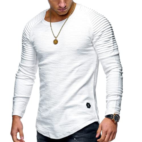 KCLEE Heren overhemden lange mouwen T-shirts slim fit casual T-shirt basic tops lange mouwen t-shirt slim fit t-shirt katoen raglan T-shirts pullover lange mouwen ronde hals sweatshirt effen slim fit ronde hals T-shirt, A-wit, XL