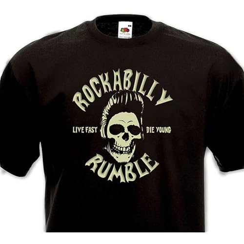 JUEBANG Men T-Shirt Rockabilly Rumble Live Fast Die Young tee Black 3XL