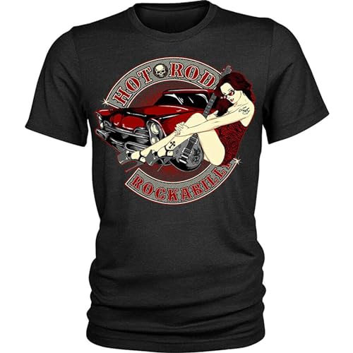 QUANYAN Hot Rod Rockabilly T-Shirt Sexy Pinup Guitar Mens Black L