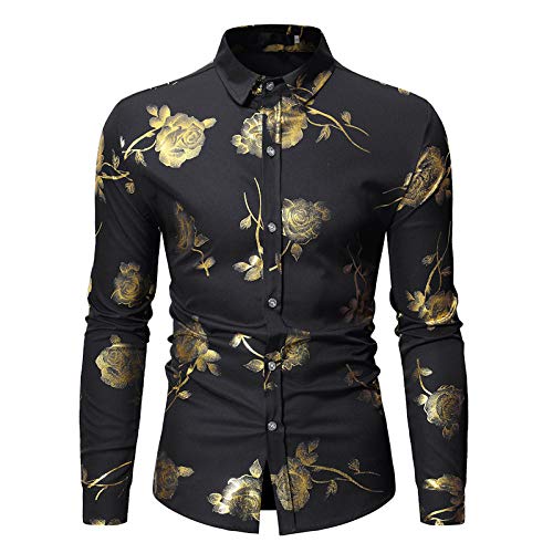 MIDJ Traditioneel Overhemd Voor Mannen,Heren Zwarte Bloemen Bedrukte Overhemden Met Lange Mouwen Regular Fit Casual Button-Down Overhemden Stijlvol Funky Fancy Overhemd Zakelijke Overhemden Feest Hawaiia