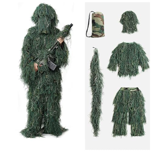 HAZARA 5 in 1 Ghilliekostuum 3D Camouflage Jachtkleding Krijger Ghilliekostuum Inclusief Jas,Broek,Capuchon,Draagtas Ghilliekostuum Voor Heren,ForestGreen-Kids