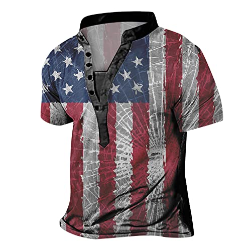 Generic Casual T-shirt Tops voor Mannen 2024 Nieuwe Mens Onafhankelijkheidsdag Vlag Digitale 3D Printing Multi Knop Kraag Korte Mouw Shirt T-shirt Onafhankelijkheidsdag Zwaar Katoenen Shirt, Grijs, 3XL