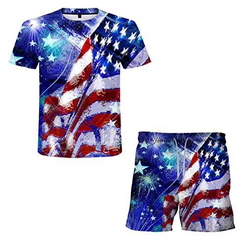 Generic Mode Casual Pak Voor Mannen 2024 2 Stuks Outfits 3D Mannen Zomer Pak Sport Amerikaanse Dag Onafhankelijkheid Afdrukken Vlag Mannen Pakken & Sets Tux Verhuur, Blauw, 4XL