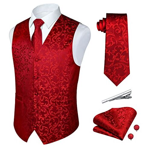 Rithern Paisley-vest voor heren, met paisley-motief, zijden stropdas, pochet, zakdoek, set met manchetknopen en dasclips, set voor bruiloftsfeest, pak, rood-1, M