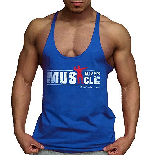 Alivebody Bodybuilding tanktop voor heren, strap, fitness stringer, okselshirts, blauw, L