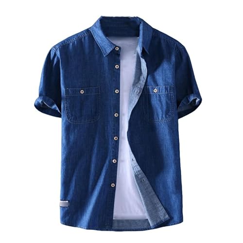 LApooh Jeans Overhemd voor Heren Heren Denim Overhemd Korte Mouw Overhemd Knoop Casual Overhemd Overhemd Normale Pasvorm Werkoverhemden Tops Borstzak met Knopen Vakantie Strandoverhemden Donkerblauw